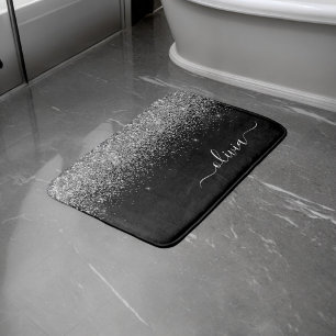 Black Silver Glitter Script Monogram Girly Name Bath Mat