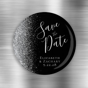 Black Silver Glitter Script Save the Date Magnet