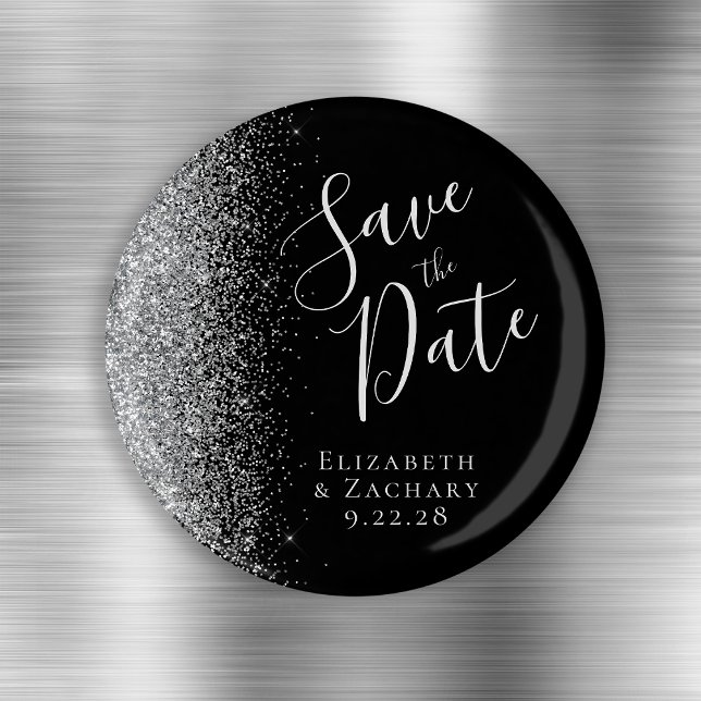 Black Silver Glitter Script Save the Date Magnet (Creator Uploaded)