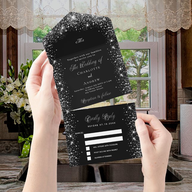 Black silver glitter script wedding all in one invitation (Creator Uploaded)