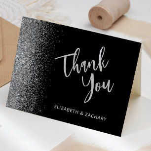Black Silver Glitter Script Wedding Thank You Card