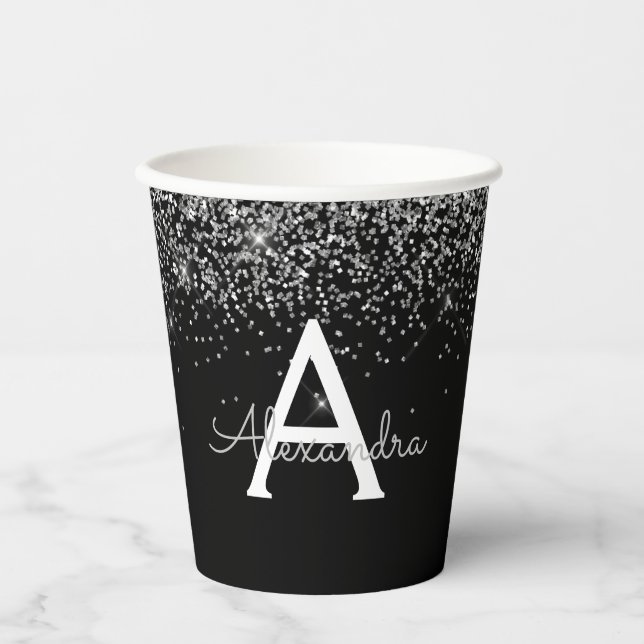 Black Silver Glitter Sparkle Monogram Paper Cups (Front)