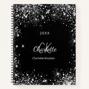 Black silver glitter sparkles monogram initials  notebook