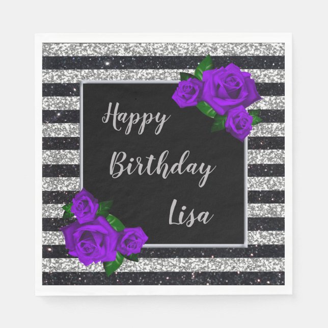 Black Silver Glitter Stripes Purple Roses Birthday Napkin (Front)