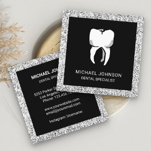 Black Silver Glitter Tooth Dental Clinic Dentist Square Business Card