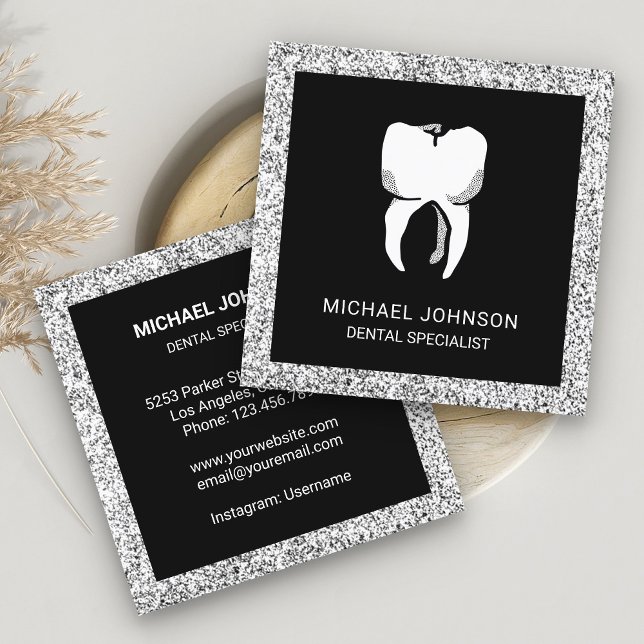 Black Silver Glitter Tooth Dental Clinic Dentist Square Business Card (Creator Uploaded)