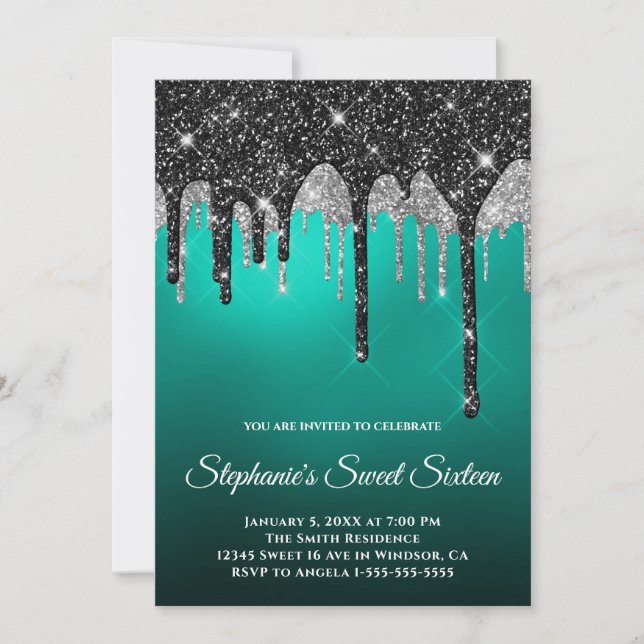 Black Silver Glitter Turquoise Teal Ombre Sweet 16 Invitation (Front)