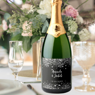 Black silver glitter wedding sparkling wine label