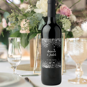 Black silver glitter wedding wine label