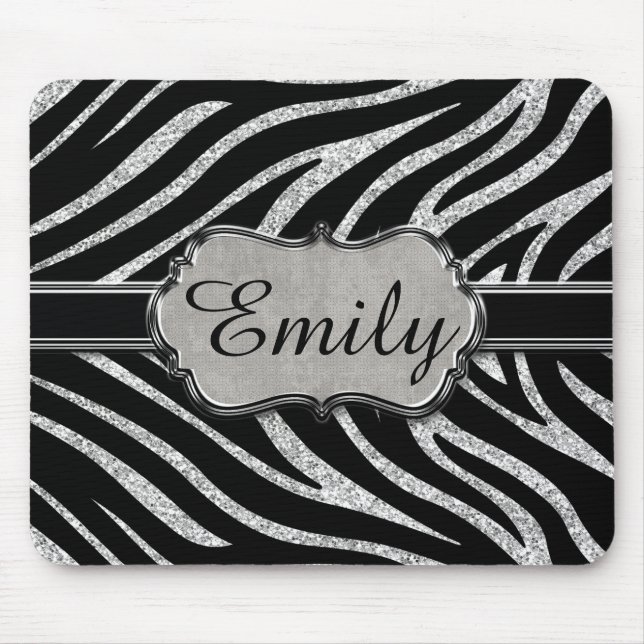 Black Silver Glitter Zebra Pattern Monogram Mouse Pad (Front)