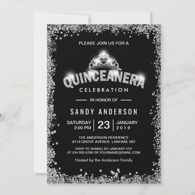 Black Silver Glitters Quinceanera 15th Birthday Invitation (Front)