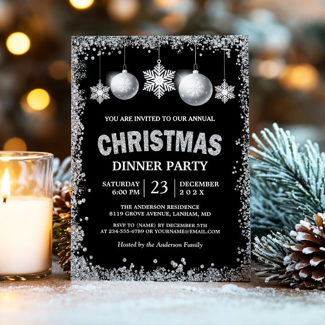 Black Silver Glitters Snowflakes Christmas Party Invitation (Creator Uploaded)