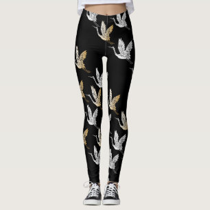 Black Silver Gold Crane Japanese Pattern Leggings