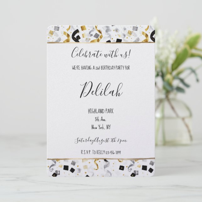 Black Silver Gold Glam Confetti Birthday Invitation (Standing Front)