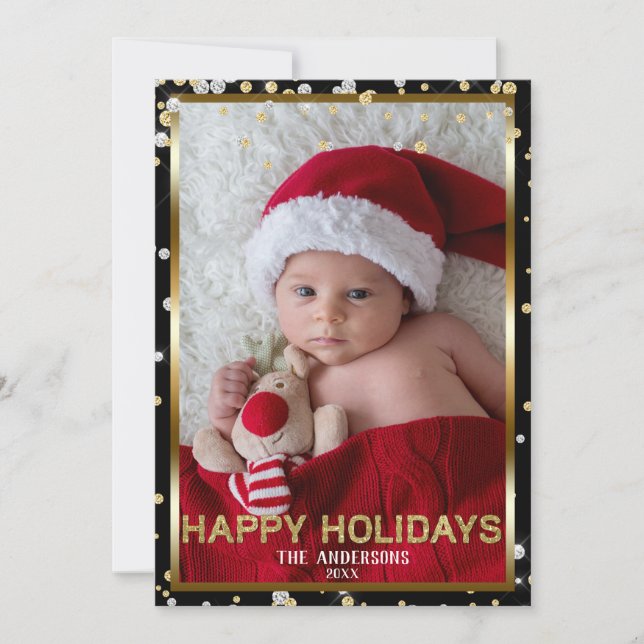 Black Silver & Gold Glitter Modern Holiday Photo (Front)