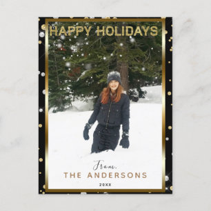 Black Silver & Gold Glitter Modern Holiday Photo Postcard
