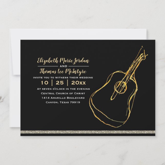 Black Silver Gold Guitar Wedding Invitation (Front)