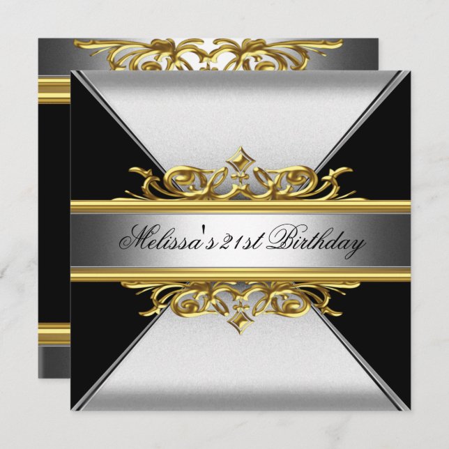 Black Silver Gold On Black 21st Birthday Party Invitation (Front/Back)