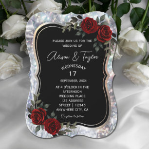 Black Silver Gothic Red Green Floral Wedding Invitation
