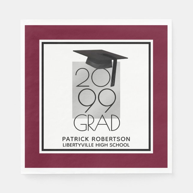 Black & Silver GRAD | Editable Maroon | Graduation Napkin (Front)
