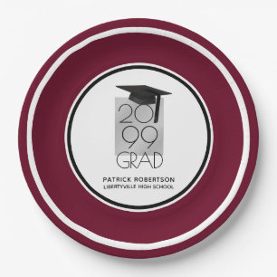 Black & Silver GRAD Editable Maroon Graduation Paper Plate