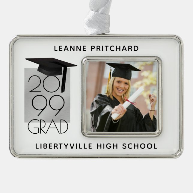 Black & Silver GRAD | Graduation Photo Keepsake Plated Framed Ornament (Front)