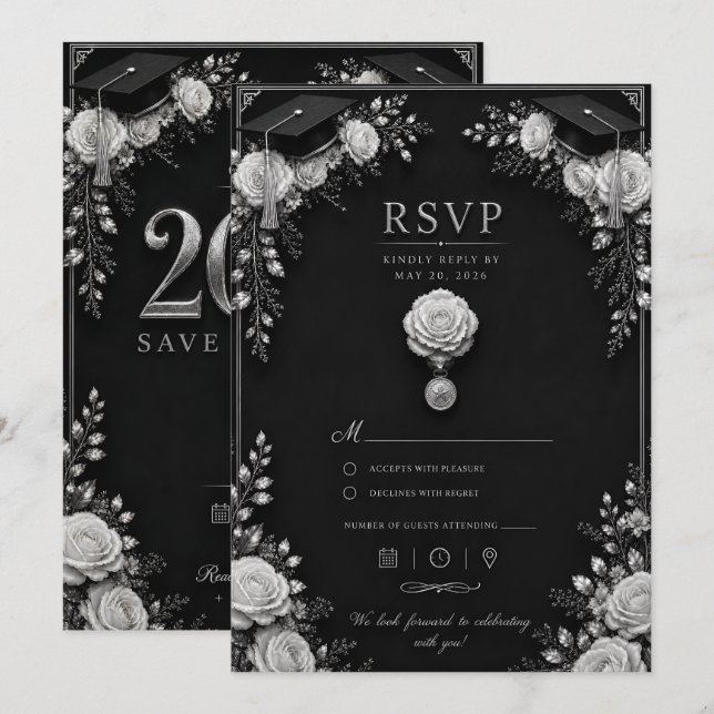 Black Silver Graduation Card 2026 with RSVP (Front/Back)