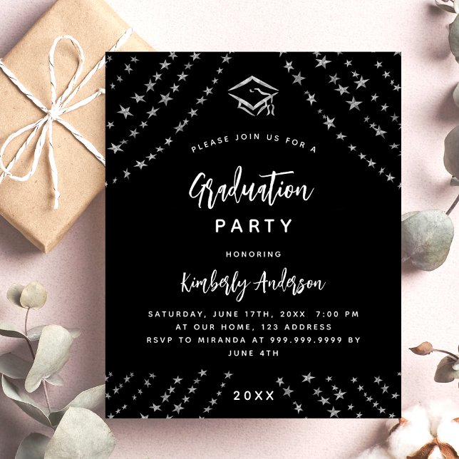 Black silver graduation party budget invitation flyer (Creator Uploaded)