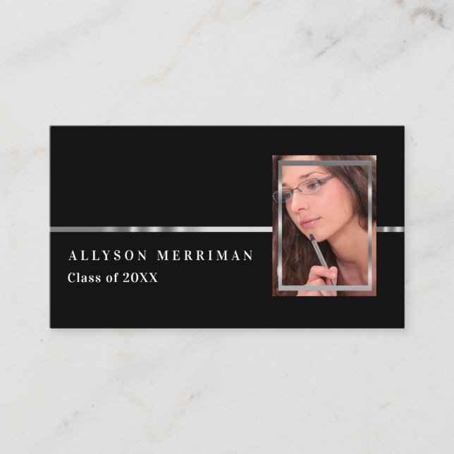 Black | Silver Graduation Photo Insert Name Cards (Front)