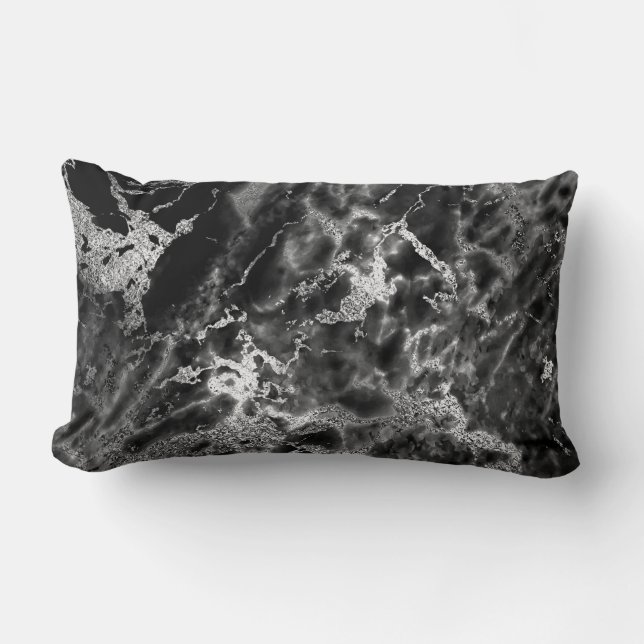 Black Silver Graphite Grey Marble Stone Glam Lumbar Cushion (Front)
