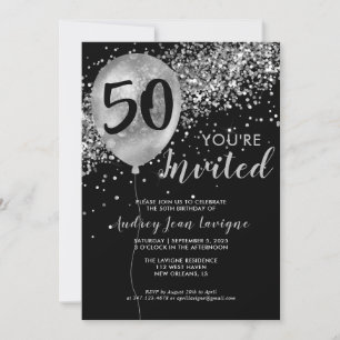 Black Silver Gray Glitter Balloon 50th Birthday Invitation