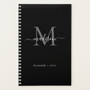 Black Silver Grey Girly Monogram Script Name 2021 Planner