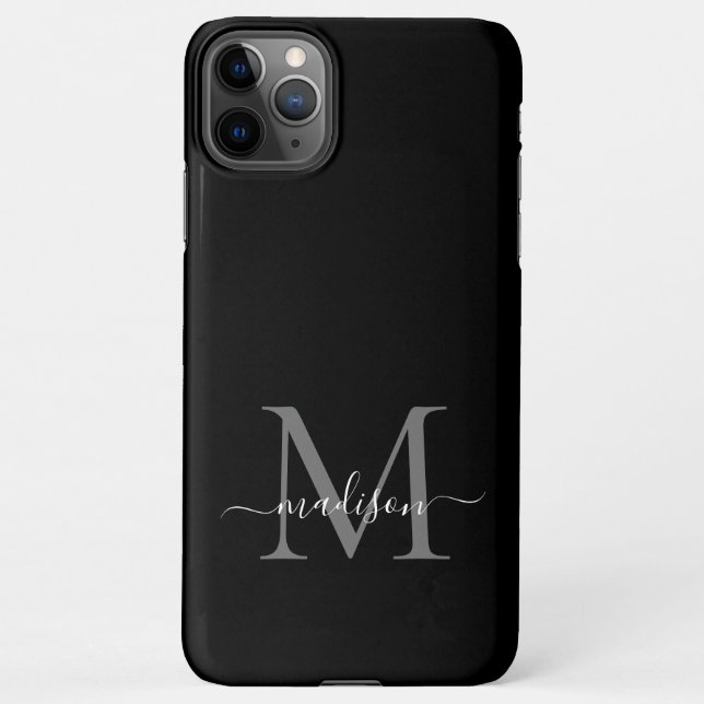 Black Silver Grey Monogram Feminine Script Name iPhone Case (Back)