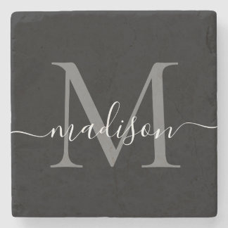 Black Silver Grey Monogram Feminine Script Name Stone Coaster