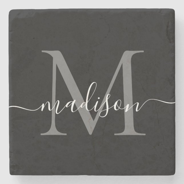 Black Silver Grey Monogram Feminine Script Name Stone Coaster (Front)