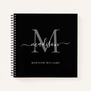 Black Silver Grey Monogram Initial Script Name Notebook