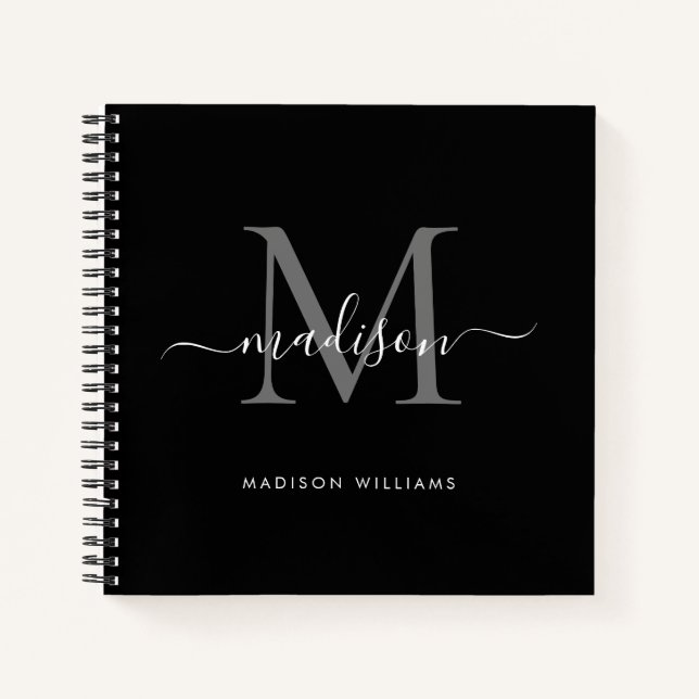 Black Silver Grey Monogram Initial Script Name Notebook (Front)