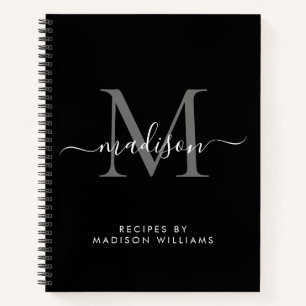 Black Silver Grey Monogram Script Name Recipe Notebook