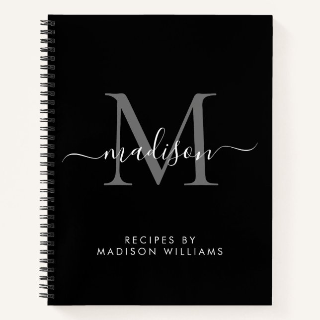 Black Silver Grey Monogram Script Name Recipe Notebook (Front)