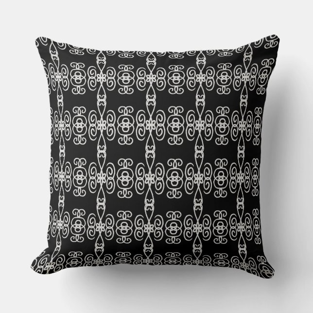 Black & Silver Grey Spiral Geometric Pattern Cushion (Front)