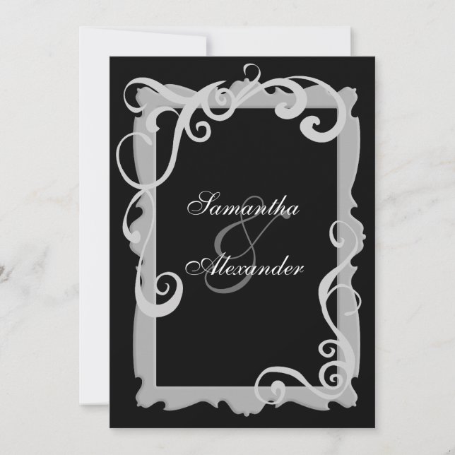 Black/Silver-Grey Swirl Frame Wedding Invitations (Front)