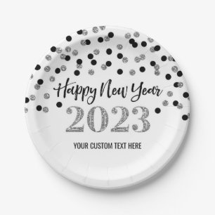 Black Silver Happy New Year 2023  Paper Plates