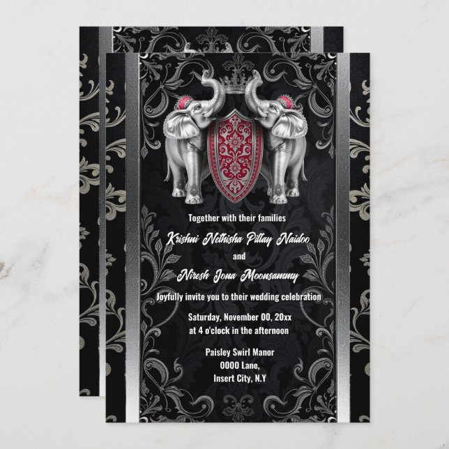 Black silver Hindi Hindu indian elephants crown Invitation (Front/Back)