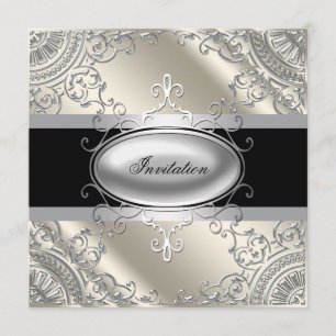 Black Silver Ivory Black White Party Invitation