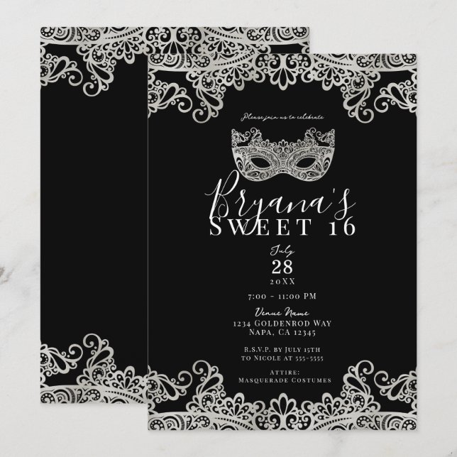 Black & Silver Lace Masquerade Sweet 16 Party  Invitation (Front/Back)