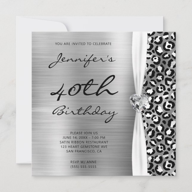 Black Silver Leopard Foil Gem Ribbon 40th Birthday Invitation (Front)
