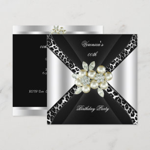 Black Silver Leopard Pearl Jewel Birthday Party Invitation