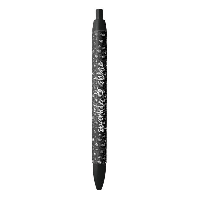 Black Silver Leopard Print Faux Glitter Ink Pen (Front Vertical)
