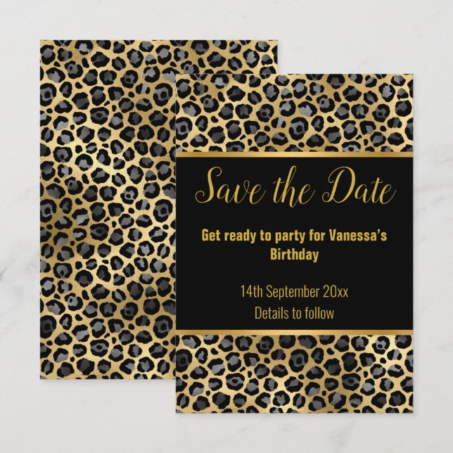 BLACK SILVER LEOPARD SAVE THE DATE 2 RSVP CARD (Front/Back)