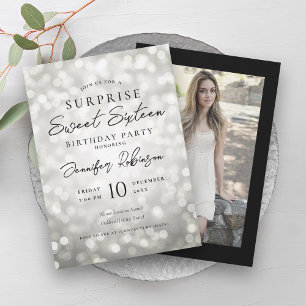 Black Silver Lights Photo SURPRISE Sweet 16   Invitation